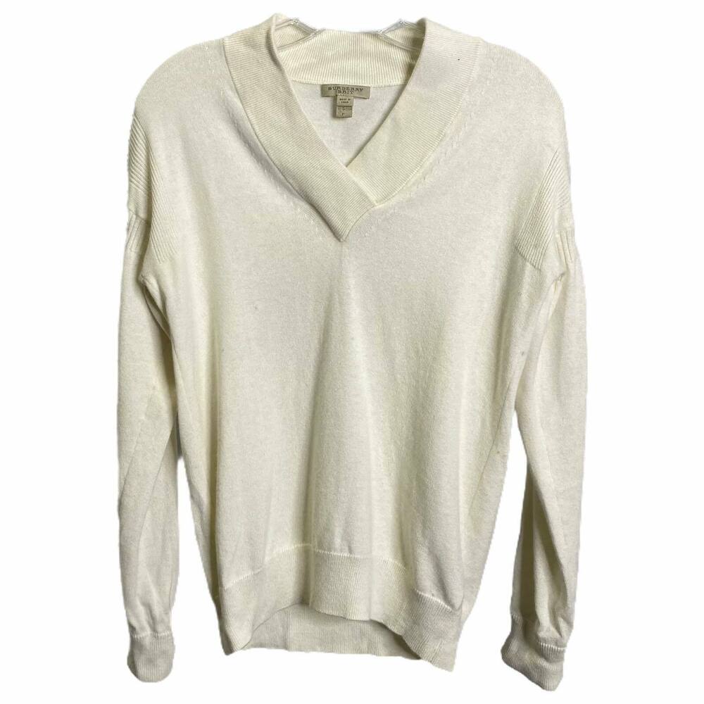 Burberry Brit Women's Sweater Sz‎ SP Cream Cashmere Long Sleeve Low V-Neck